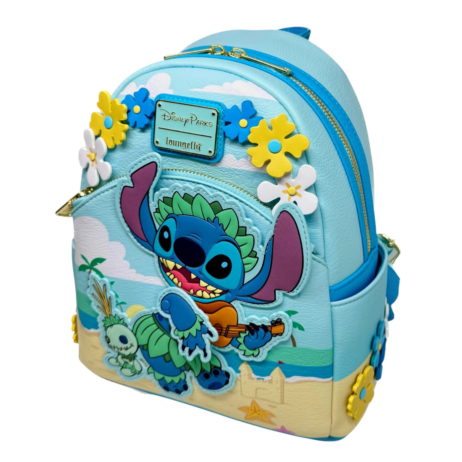 Backpack with Stitch and Scrump character playing a Ukulele design on a white background