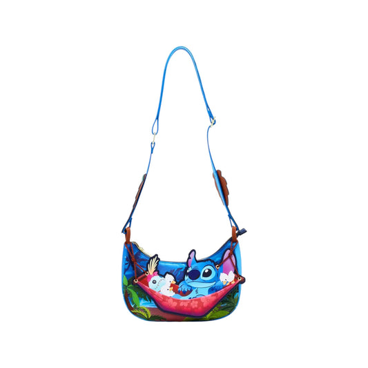 Colorful shoulder bag with stitch and scrump characters on a white background