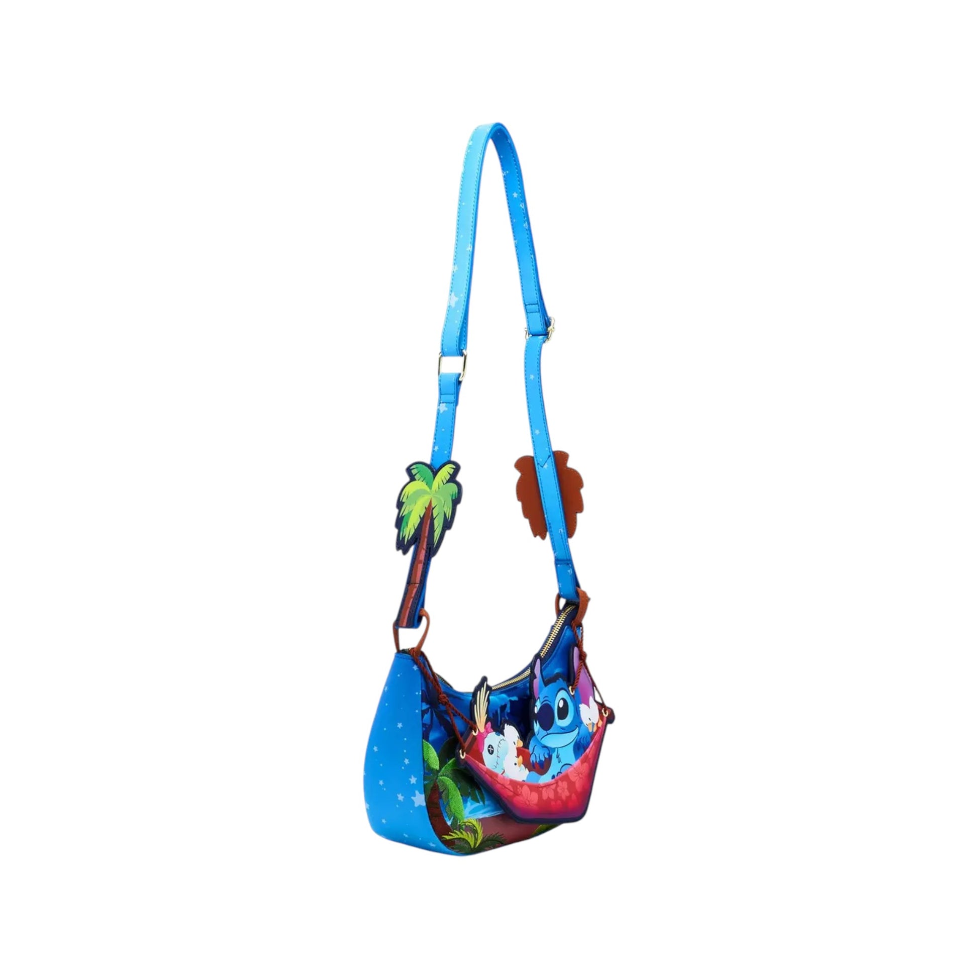 Colorful handbag with stitch and scrump character design on a white background