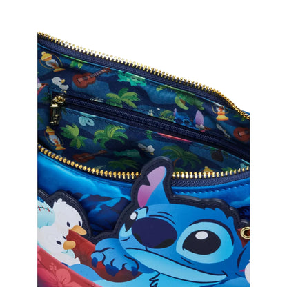 Blue pouch with stitch character design on a white background