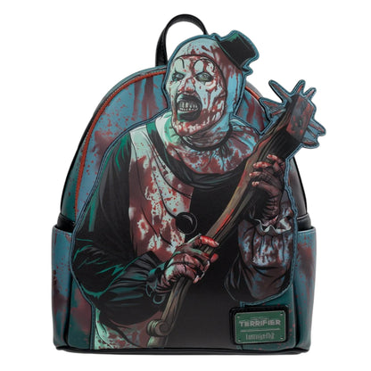 Backpack with a Art the Clown design  holding an spiked club on a white background