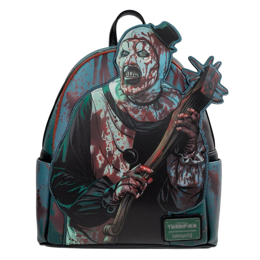 Backpack with a Art the Clown design  holding an spiked club on a white background