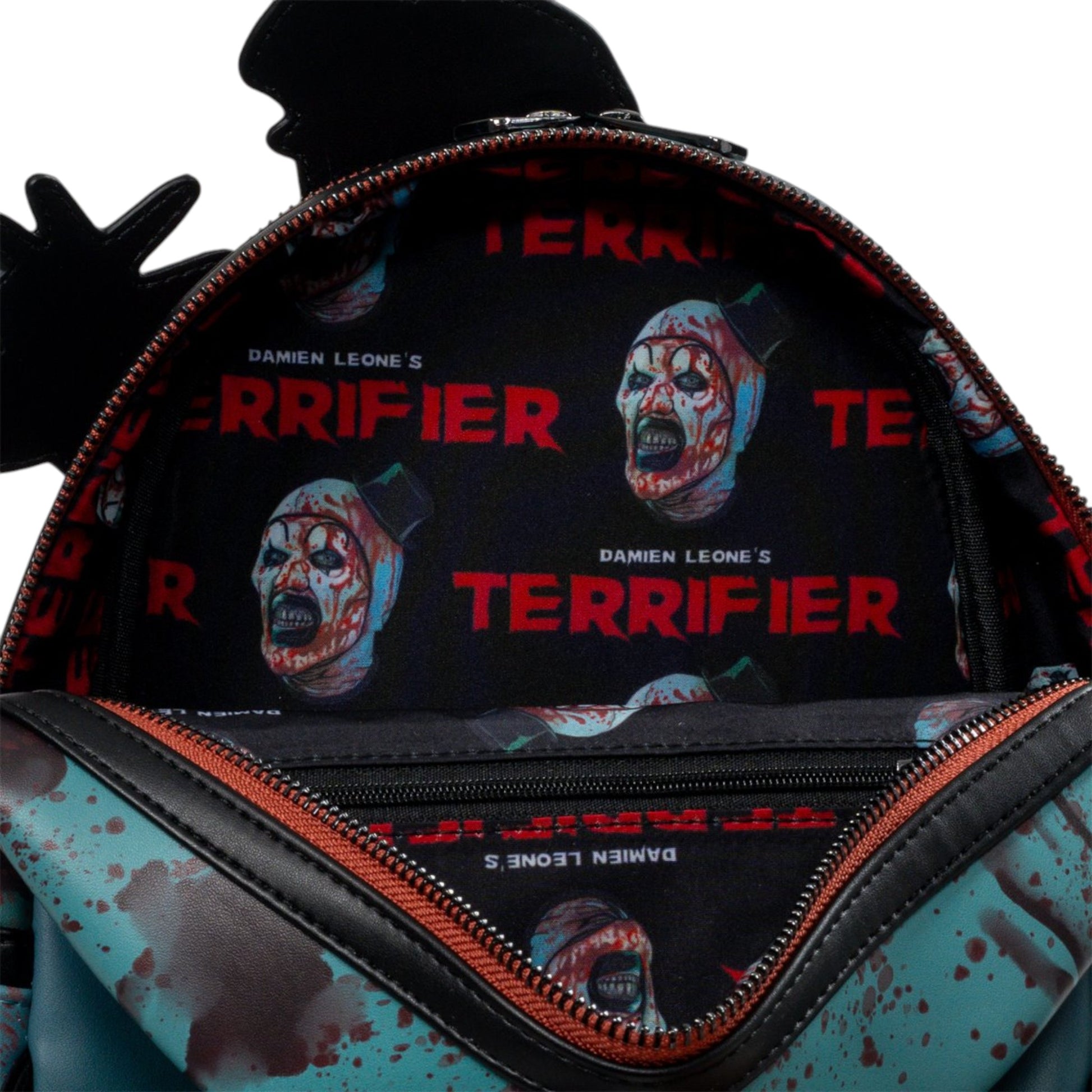 Backpack with 'Terrifier' design featuring Art the Clown face and Terrifier red text.
