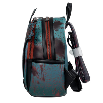 Backpack with red blood splatter design on a white background