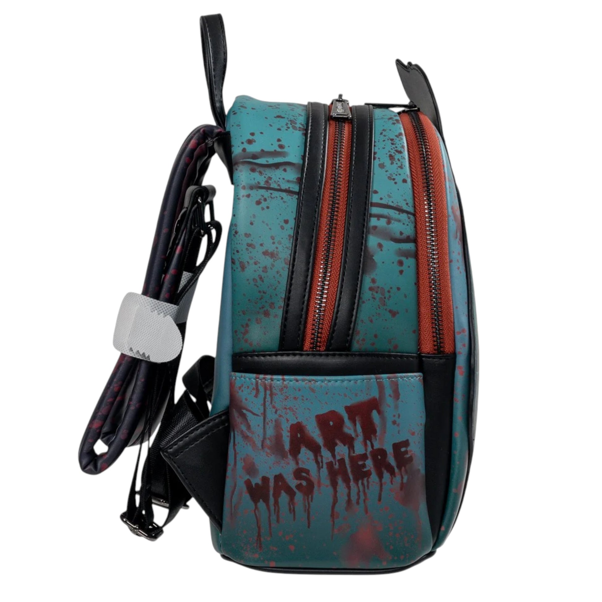 Backpack with blood splatter design and Art Was Here text on a white background