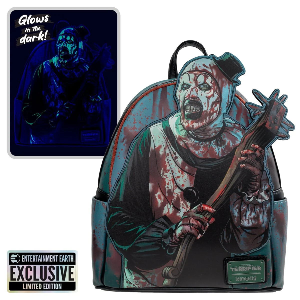 Terrifier Art the Clown Blood Splatter Glow in the Dark Mini Backpack with horror-themed design featuring Art the Clown holding an weapon, labeled 'Entertainment Earth Exclusive Limited Edition'.