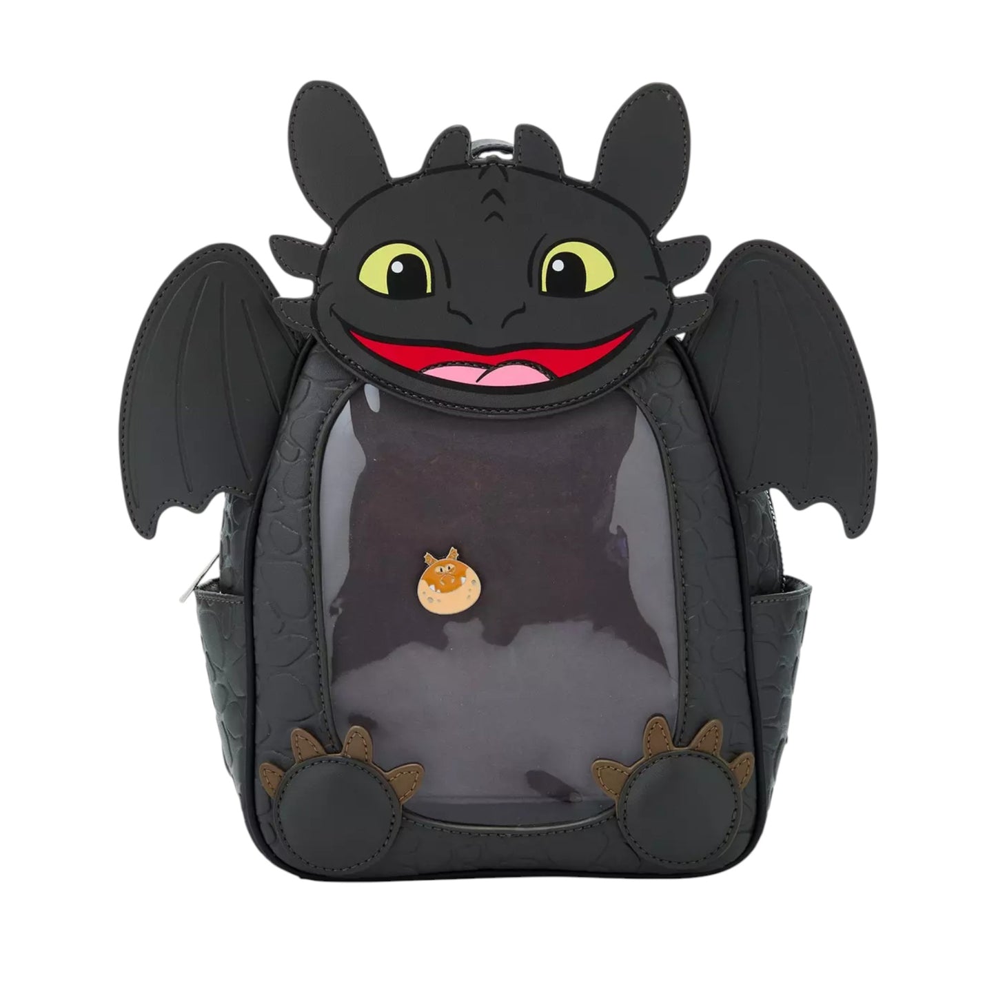 Toothless Pin Collector Backpack designed like Toothless with a smiling face on a white background
