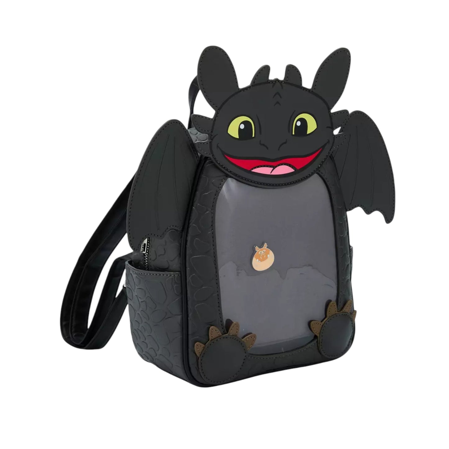 Toothless Pin Collector Backpack designed like Toothless with a smiling face on a white background 