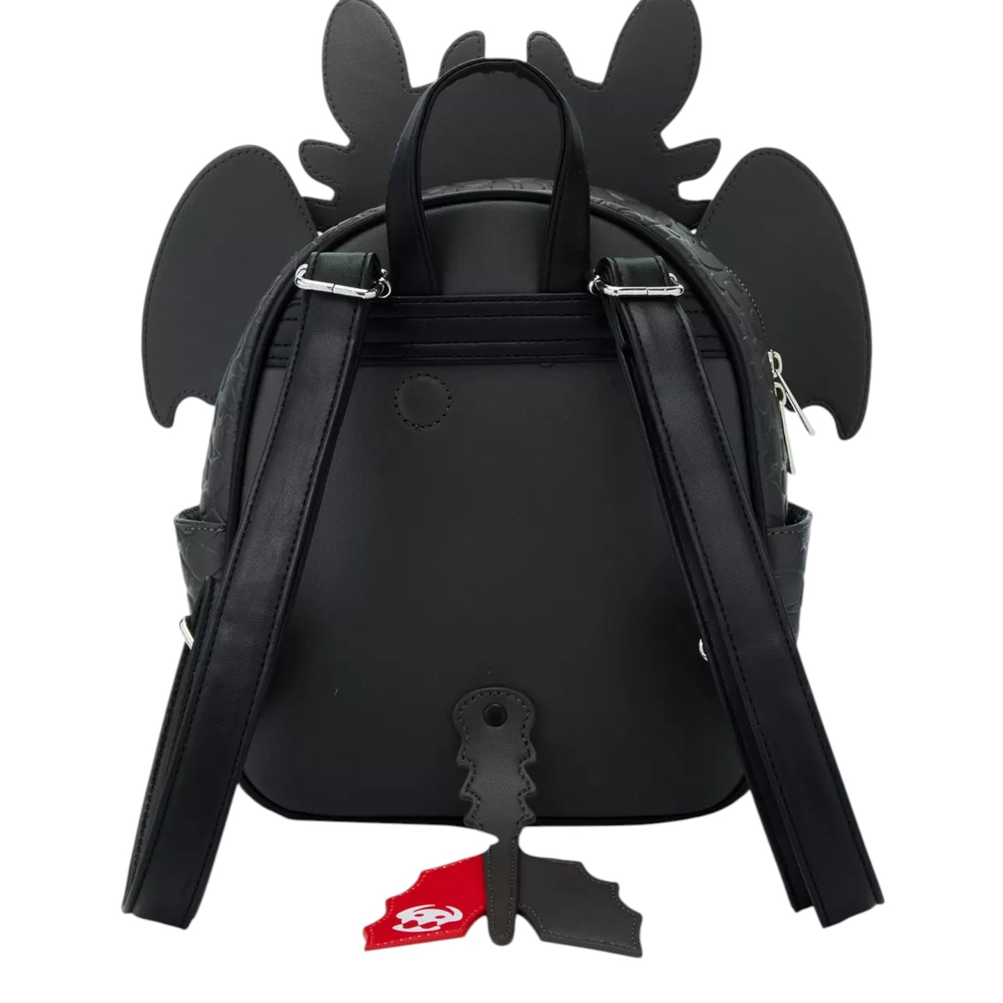 Black backpack with dragon wings and a tail on a white background