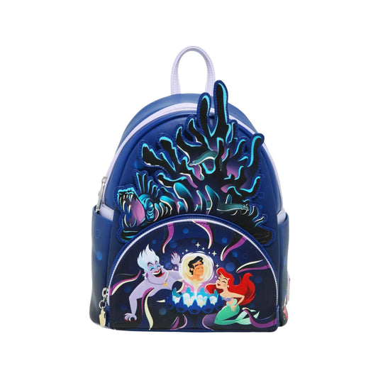 Backpack with ursula, ariel, and prince eric design on a white background