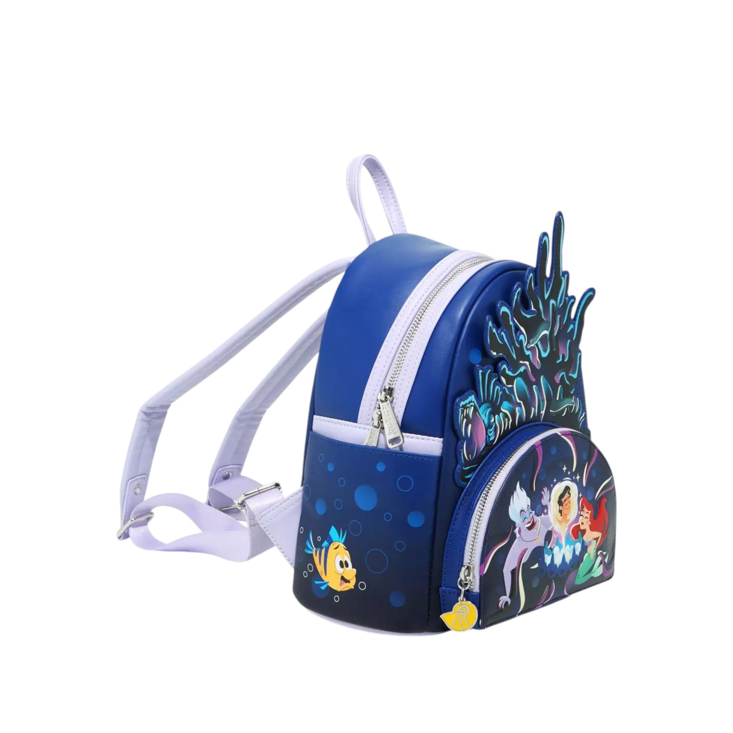 Backpack with ursula, ariel, and prince eric character design on a white background