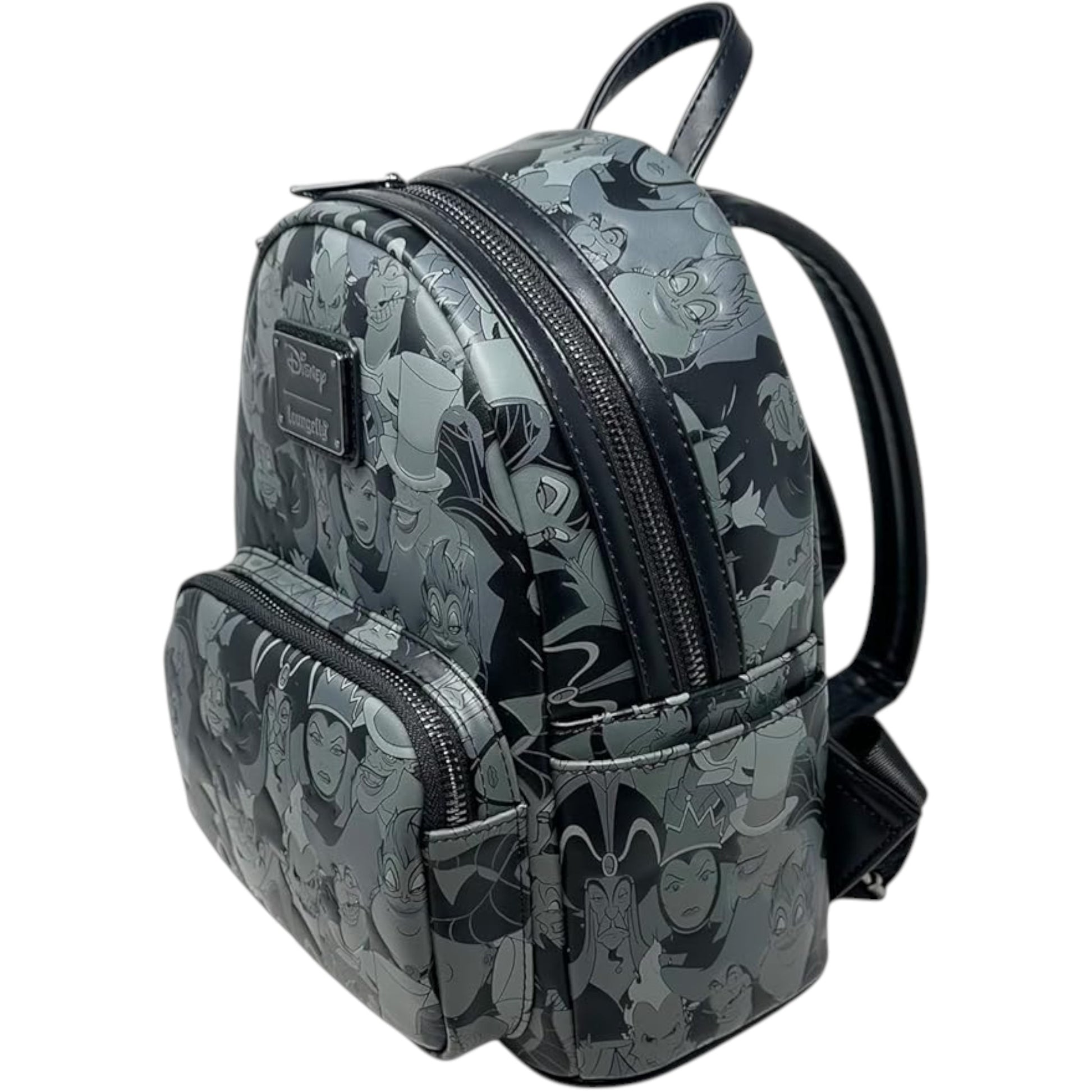 Backpack with Disney villain character pattern on a white background