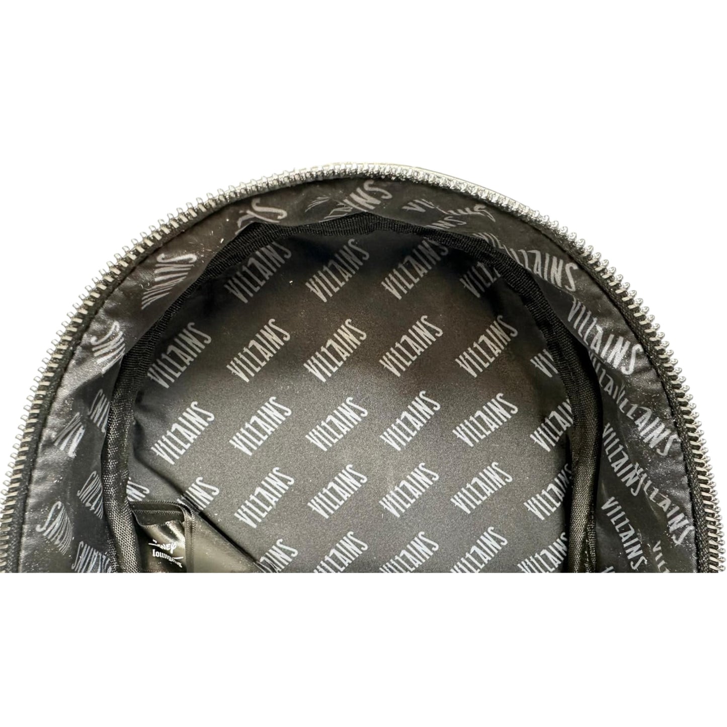 Gray bag with 'Villains' pattern on a white background