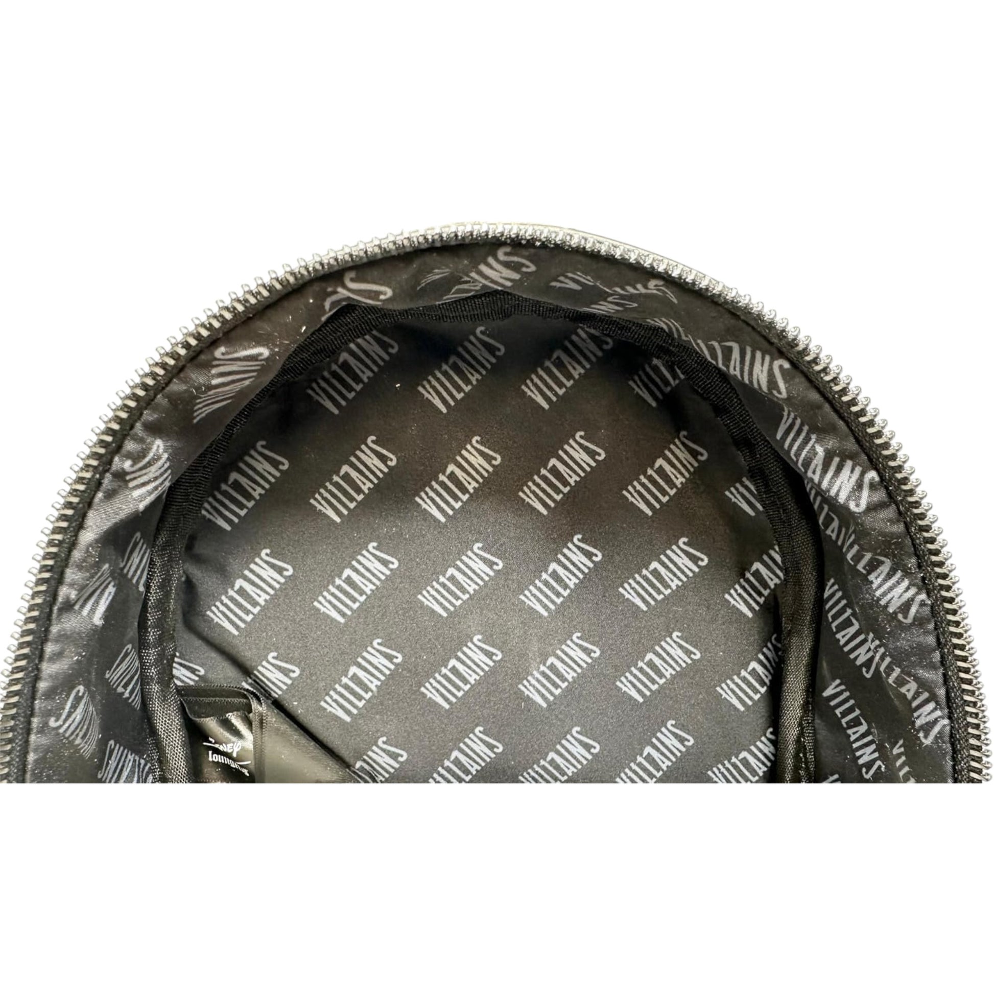 Gray bag with 'Villains' pattern on a white background
