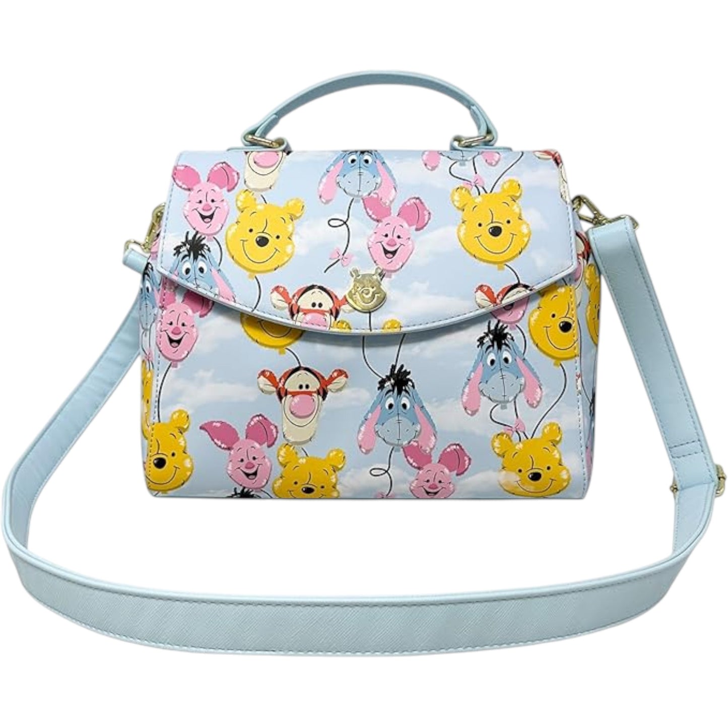 Winnie the Pooh Balloon Friends character handbag with a light blue strap on a white background