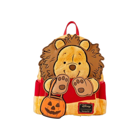 Plush backpack with Winnie the Pooh  design and pumpkin, featuring a Disney license tag.
