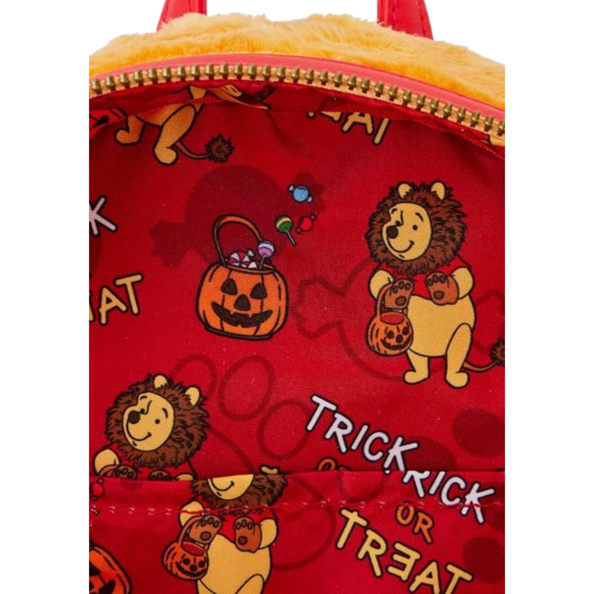 Red Halloween-themed backpack with Winnie the Pooh  and candy bags on a white background
